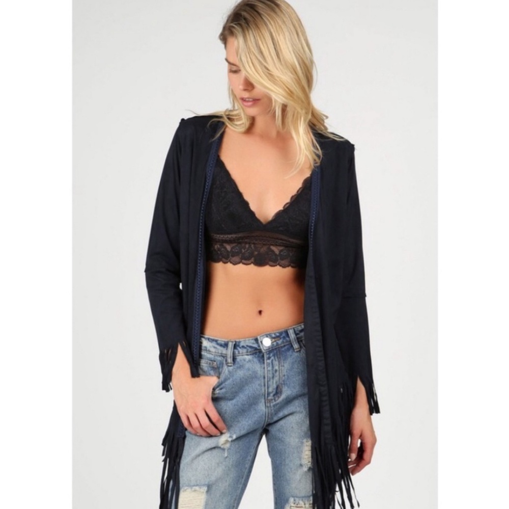 Fringe Faux Suede Open Cardigan